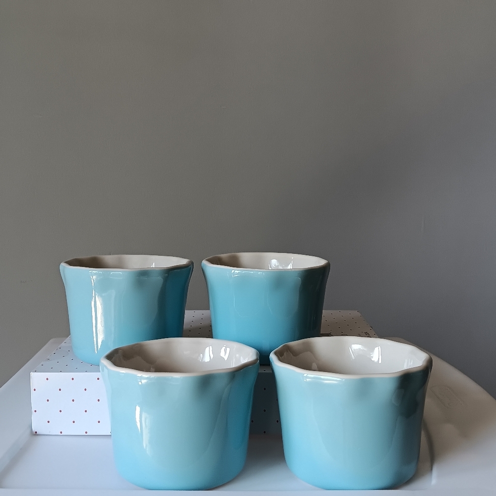 LTD Commodities Bowls Set of 4 Light Blue Aqua 2.5" Tall Ivory Wavy Rim Small